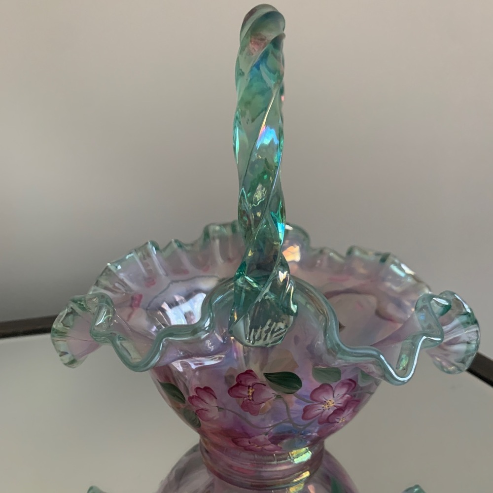 Vintage Fenton Hd Painted&Signed Rose Magnolia Iridized W/Sea Green Crest Basket
